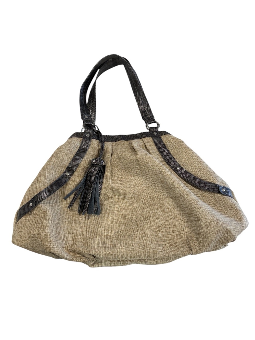 Usher Soft Burlap Textured Vegan Leather Straps Accents Hobo Bag Purse - Picture 4 of 13